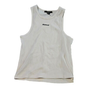 Forever 21 Women’s Ribbed Tank Top Medium White Sleeveless “Honey” Graphic Crop